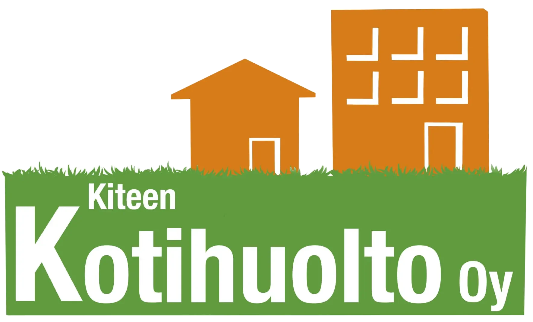 Kiteen Kotihuolto Oy:n logo, jossa talo, kerrostalo ja vihreä nurmikko.